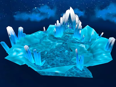 Cartoon Ice Crystal Scene With Blue Icicles Starry Sky And Clouds 3d model