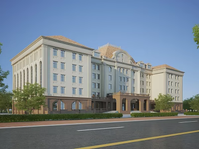 Office Building Exterior Design With Beige And Brown Facade Arched Windows Sloped Roof And Trees 3d model