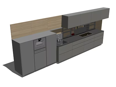 Modern Kitchen Design With Upper And Lower Gray Cabinets And Wooden Backsplash 3d model