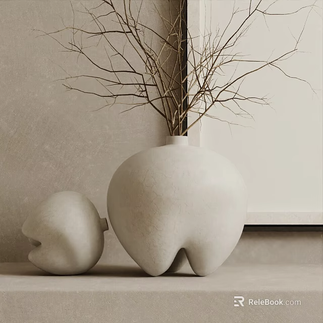 White Decorative Vases With Dried Branches For Minimalist Interior Decor 3d model