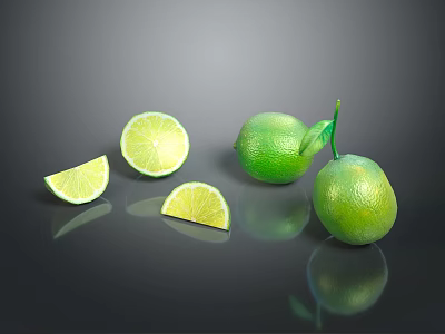 Fresh Green Limes With Whole And Sliced Pieces On Dark Surface 3d model Fresh Green Limes With Whole And Sliced Pieces On Dark Surface 3d model