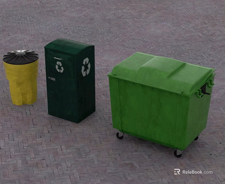 Flat Open Doors On Recycling Bins With Green Yellow Containers And Brick Pavement 3d model 