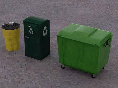 Flat Open Doors On Recycling Bins With Green Yellow Containers And Brick Pavement 3d model