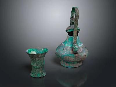 Ancient Bronze Wine Bottle and Cup with Green Patina on Dark Background 3d model