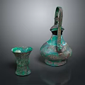 Ancient Bronze Wine Bottle and Cup with Green Patina on Dark Background