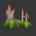 Castle Building With Red Spires White Walls Green Base And Stone Path Flags 3d model