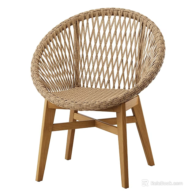 Modern Wicker Single Chair With Diamond Weave Design And Wooden Legs In Scandinavian Style 3d model 