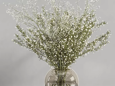 Transparent Glass Vase With White Small Flowers And Green Leaves For Home Decor 3d model