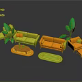 Yellow and Orange Sofa Coffee Table Set with Green Plants and Side Stools 3d model