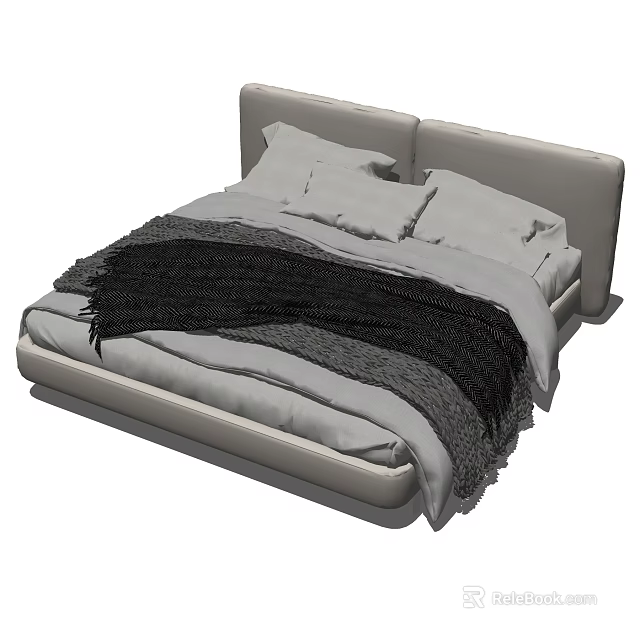 Modern Double Bed With Grey Headboard Grey Sheets Pillows And Black Blanket 3d model