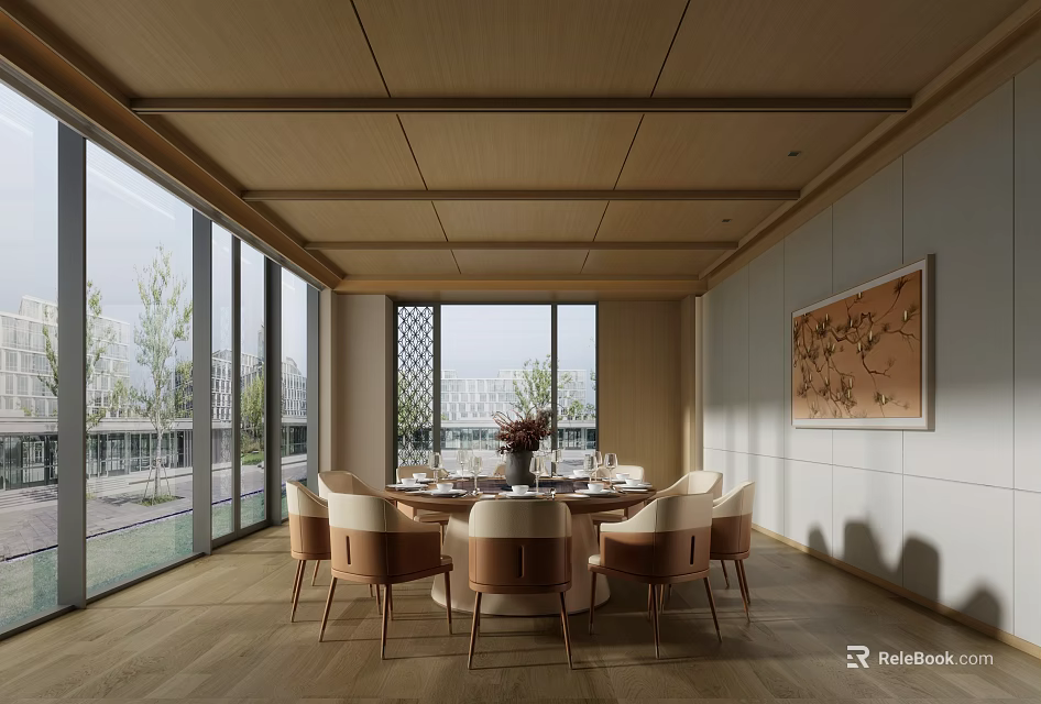 Elegant Private Dining Box With Wooden Ceiling Large Windows Round Table And Scenic View 3d model