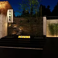 Thatched Roof Cottage Outdoor Zen Courtyard With Wooden Structure And Night Lighting