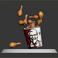 Fresh Chicken Fried Pieces Falling Out Of KFC Bucket With Logo On White Stand