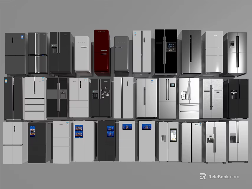 Modern Stylish Refrigerators And Freezers In Various Designs Colors And Sizes 3d model 