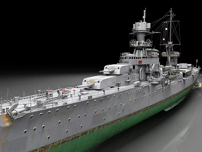 Large Historical Warship Featuring Gray Hull Green Bottom Turrets And Superstructure 3d model