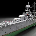 Large Historical Warship Featuring Gray Hull Green Bottom Turrets And Superstructure 3d model