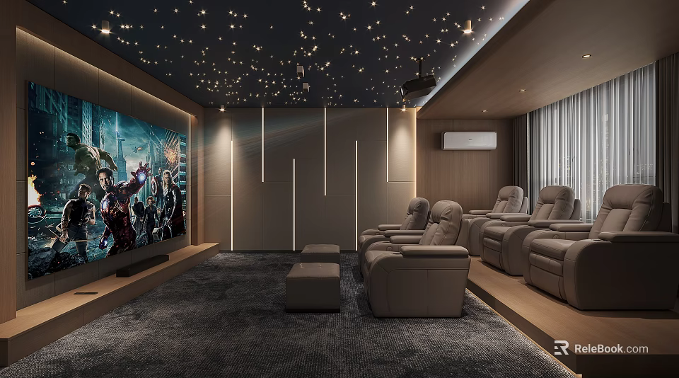 Modern Home Theater With Large Screen Starlit Ceiling And Recliner Seats 3d model 