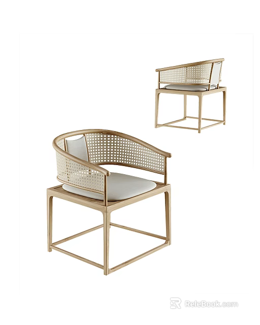 Modern Rattan Leisure Chair With Wooden Frame And Light Colored Cushion 3d model 