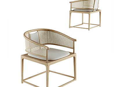 Modern Rattan Leisure Chair With Wooden Frame And Light Colored Cushion 3d model