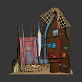 Beach Style Mobile Stall With Straw Canopy Surfboard Clay Pots And Wooden Barrel