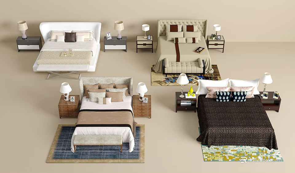 Various Double Bed Designs With Bedside Tables Table Lamps And Rugs 3d model