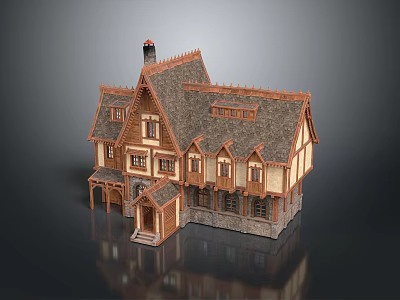 Traditional Building with Gabled Roof Stone Wood Structure Multiple Windows and Chimney 3d model