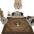 Elegant Luxury Sofa and Coffee Table Set with Gold Frame Ornate Rug and Chandelier