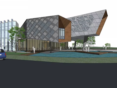 Modern Geometric Architectural Building With Glass Metal Facade Greenery And Water Pool 3d model