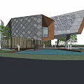 Modern Geometric Architectural Building With Glass Metal Facade Greenery And Water Pool