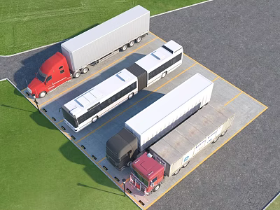 Commercial Parking Lot with Trucks Buses and Trailers in Organized Paved Layout 3d model
