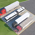 Commercial Parking Lot with Trucks Buses and Trailers in Organized Paved Layout