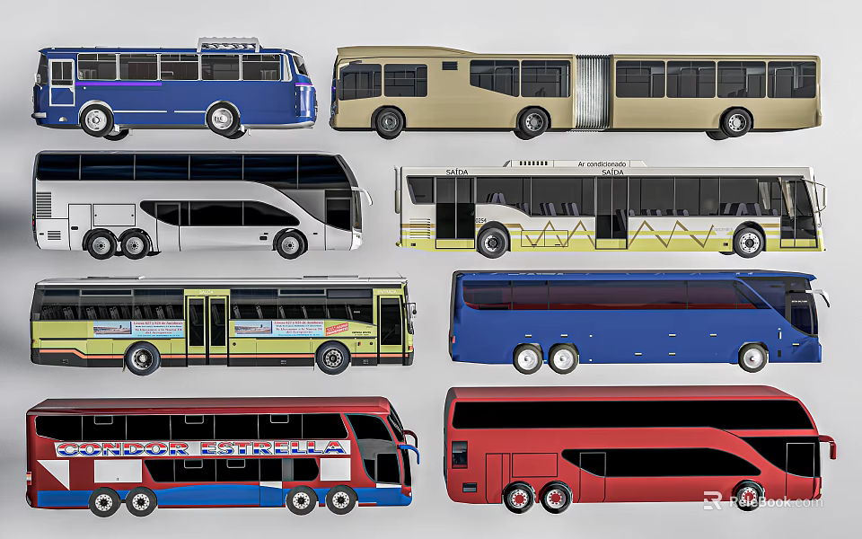 Different Types of Colorful Buses in Collection Display with Various Designs 3d model 