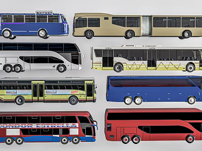 Different Types of Colorful Buses in Collection Display with Various Designs 3d model