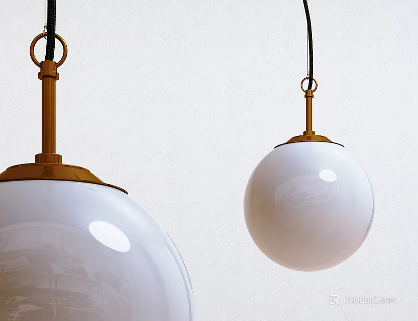Modern Pendant Lights With White Spherical Shades And Brass Finish In Minimalist Interior Space 3d model 