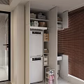 Home Balcony Interior With Stacked Washing Machines Storage Cabinets Baskets And Green Plant