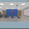Government Service Hall Interior With Blue Background Wall Emblem Arranged Chairs Ceiling Lights And Information Screen