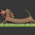 Brown Dachshund Holding Pink Donut With Red Collar On Path Green Grass And Yellow Flowers
