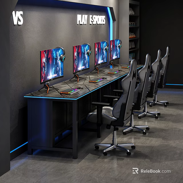 Modern Gaming Desk with Multiple Monitors Gaming Chairs and LED Lights 3d model 