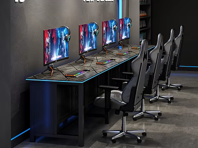 Modern Gaming Desk with Multiple Monitors Gaming Chairs and LED Lights 3d model