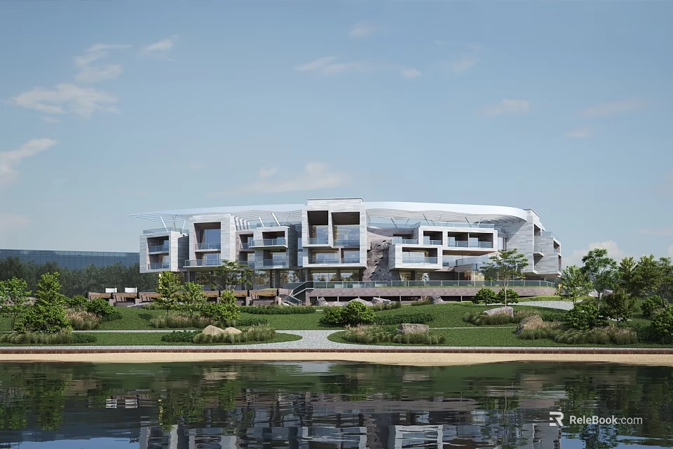 Modern Library Building Exterior With Glass Facade And Landscaped Waterfront Greenery 3d model 
