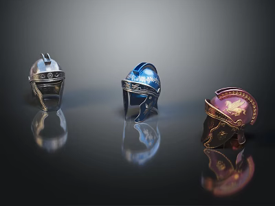 Three Elegant Rings Featuring Different Designs Silver Diamond Blue Decor And Gold Purple Gemstone 3d model