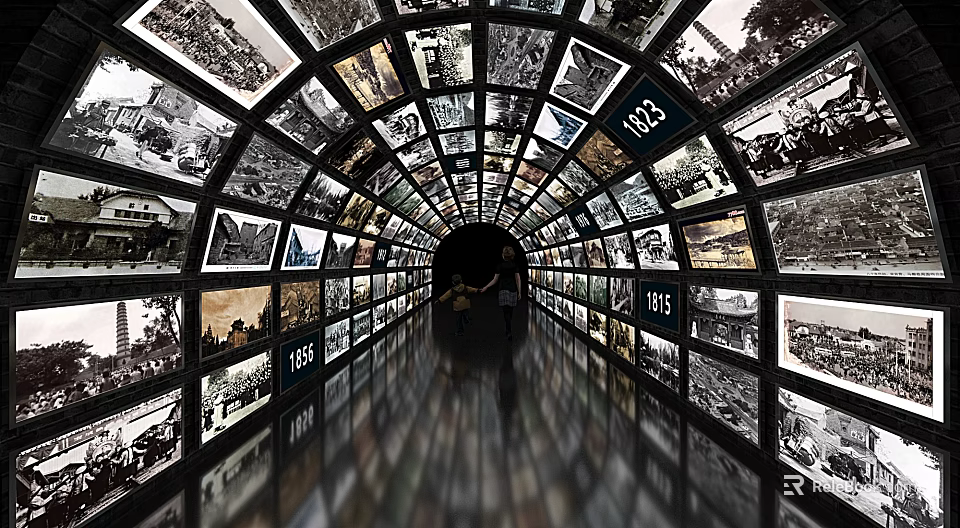 Tunnel of Screens Displaying Black and White Photos with Years and Person Walking 3d model 