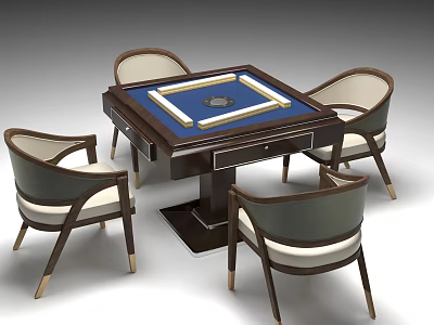Modern Wooden Mahjong Table with Blue Inlay and Upholstered Beige Dark Green Chairs Set 3d model