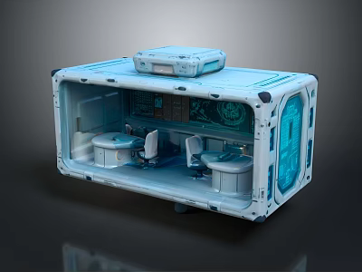 Futuristic Sci Fi Capsule Interior Design With White Blue Color Control Panels And Seats 3d model