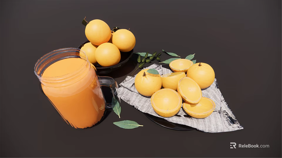 Fresh Orange Fruit with Whole and Sliced Pieces and Juice and Leaves on Cloth 3d model 