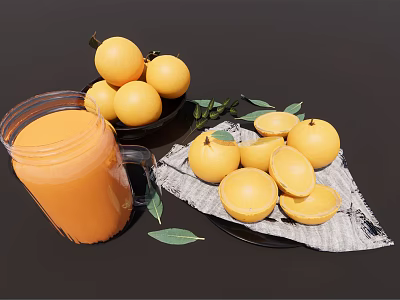 Fresh Orange Fruit with Whole and Sliced Pieces and Juice and Leaves on Cloth 3d model