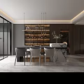 Modern Restaurant Interior Design With Marble Island Counter Pendant Lights And Grey Chairs