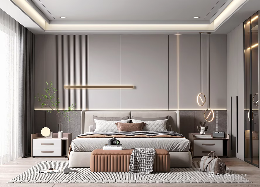 Modern Bedroom Interior Design With Comfortable Bed Bedside Tables And Pendant Lights 3d model 