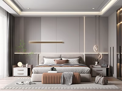Modern Bedroom Interior Design With Comfortable Bed Bedside Tables And Pendant Lights 3d model