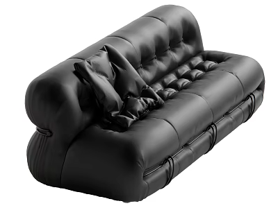 Black Leather Sectional Sofa With Tufted Design And Decorative Pillows 3d model